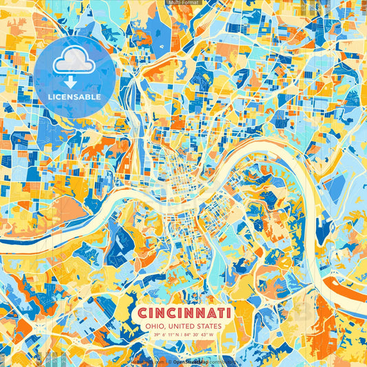 Cincinnati, Ohio, United States blue and orange vector art map template