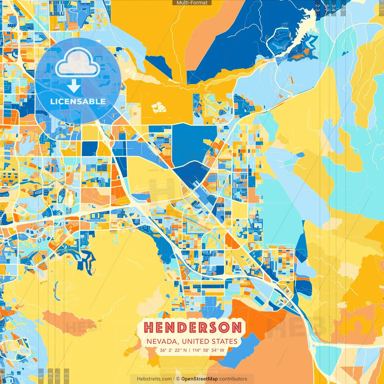 Henderson, Nevada, United States blue and orange vector art map template