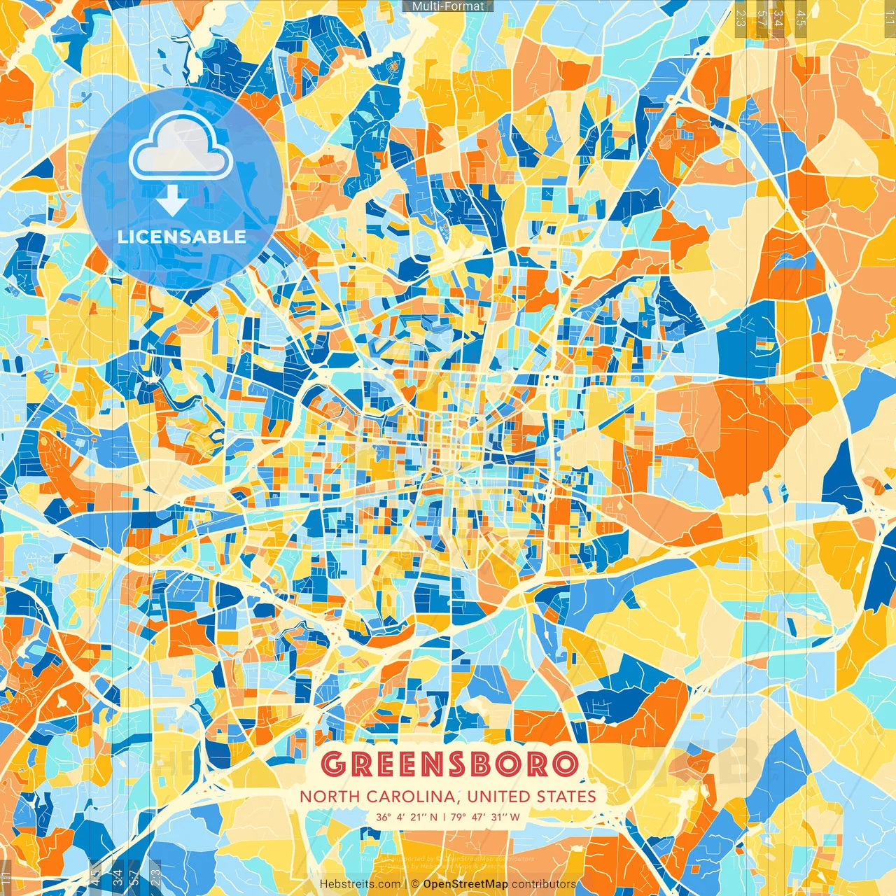 Greensboro, North Carolina, United States blue and orange vector art map template