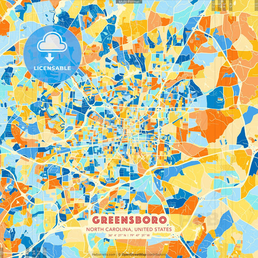 Greensboro, North Carolina, United States blue and orange vector art map template
