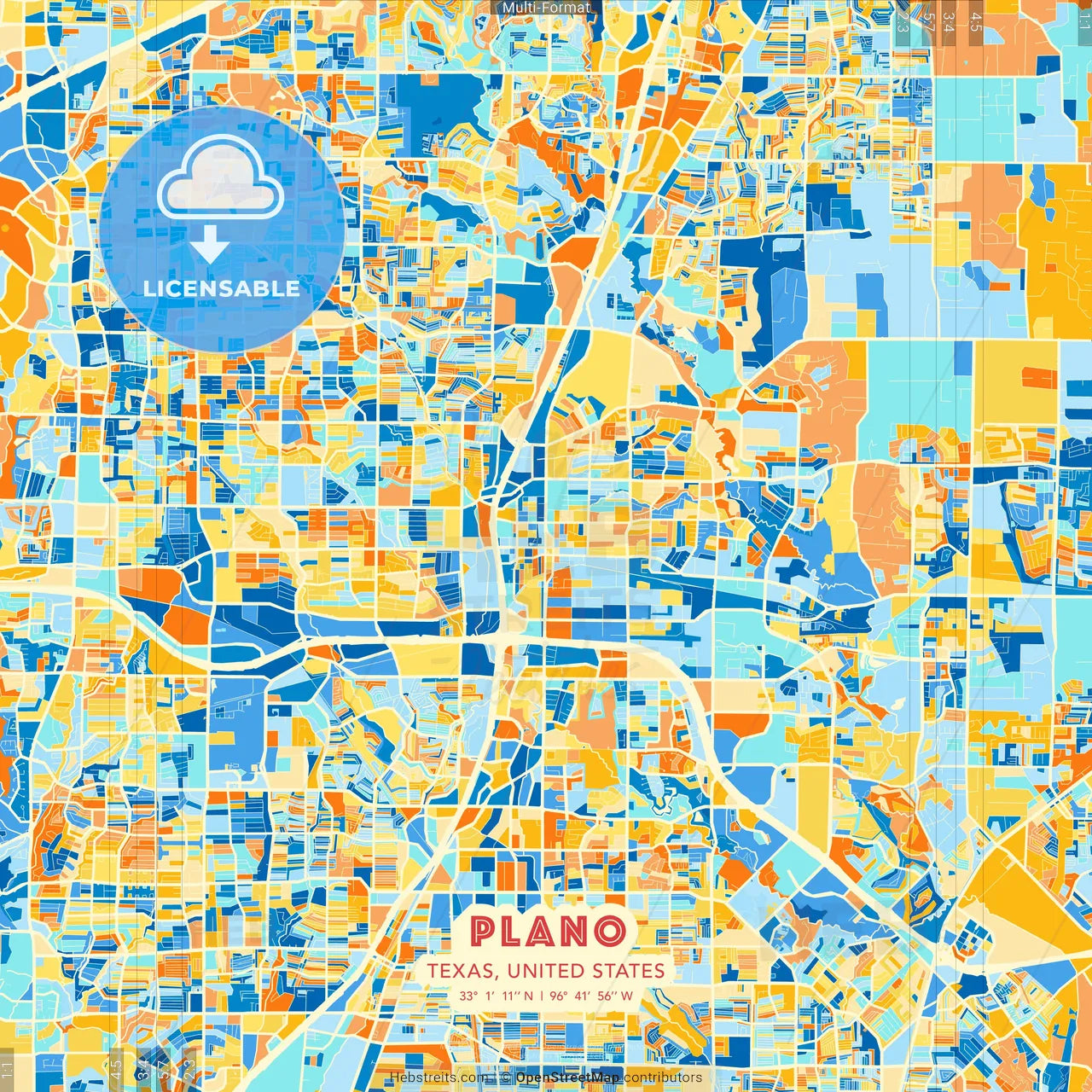 Plano, Texas, United States blue and orange vector art map template