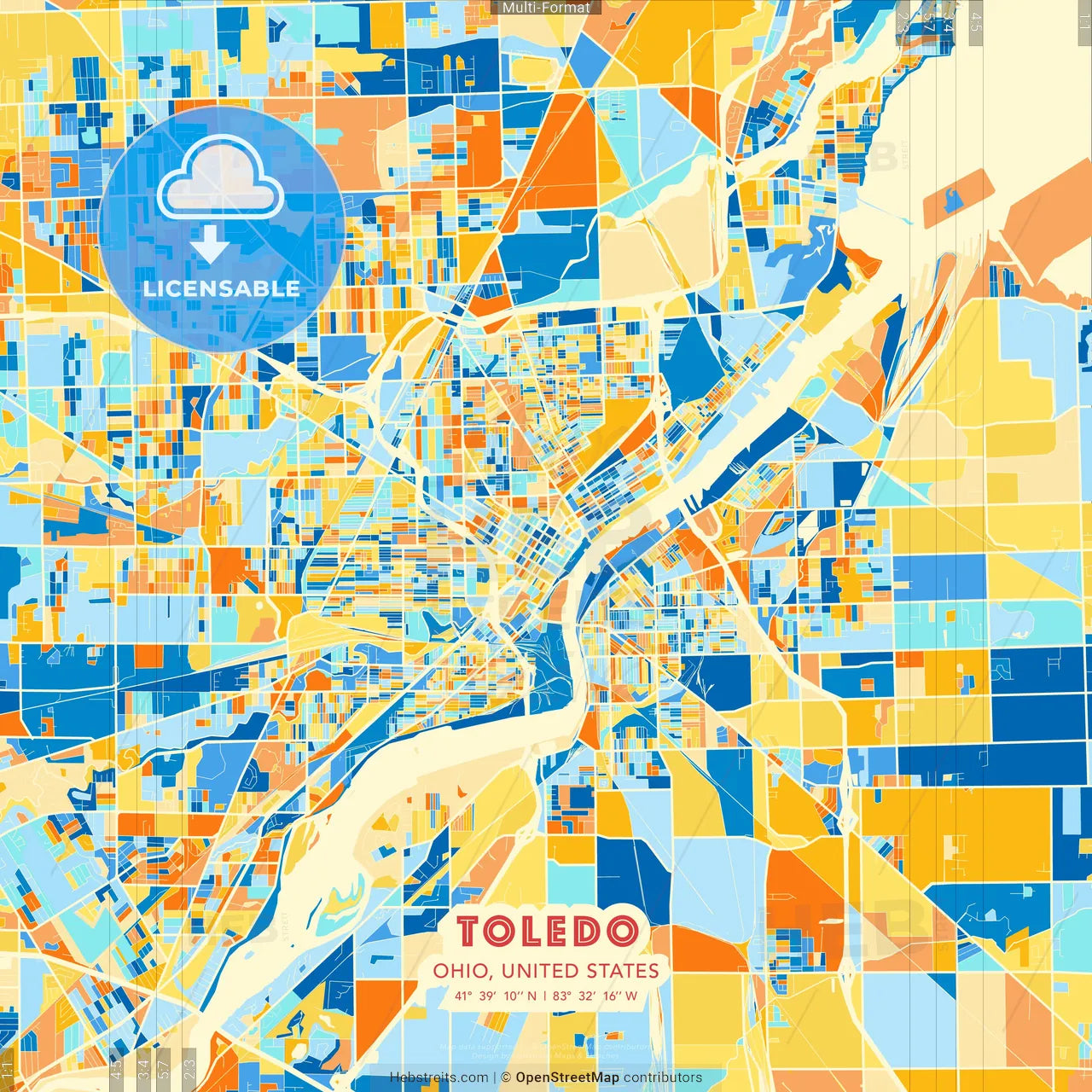 Toledo, Ohio, United States blue and orange vector art map template