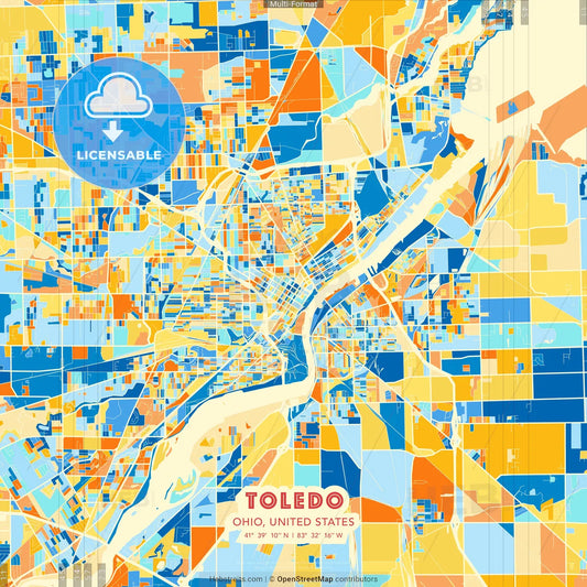 Toledo, Ohio, United States blue and orange vector art map template