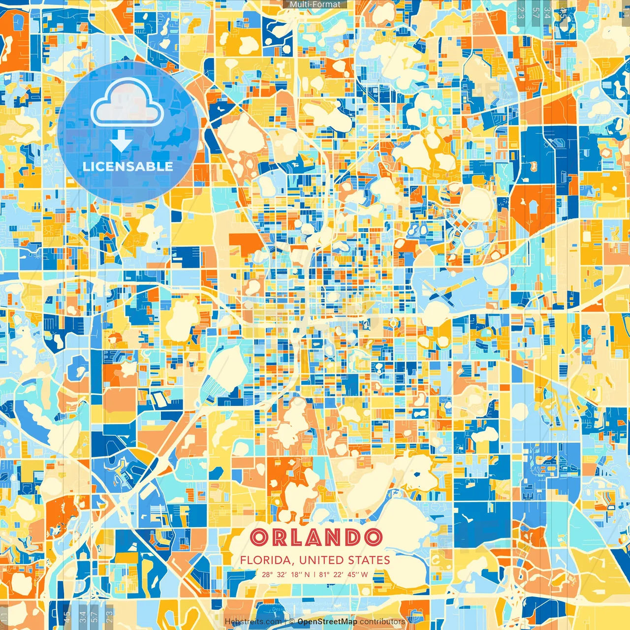 Orlando, Florida, United States blue and orange vector art map template