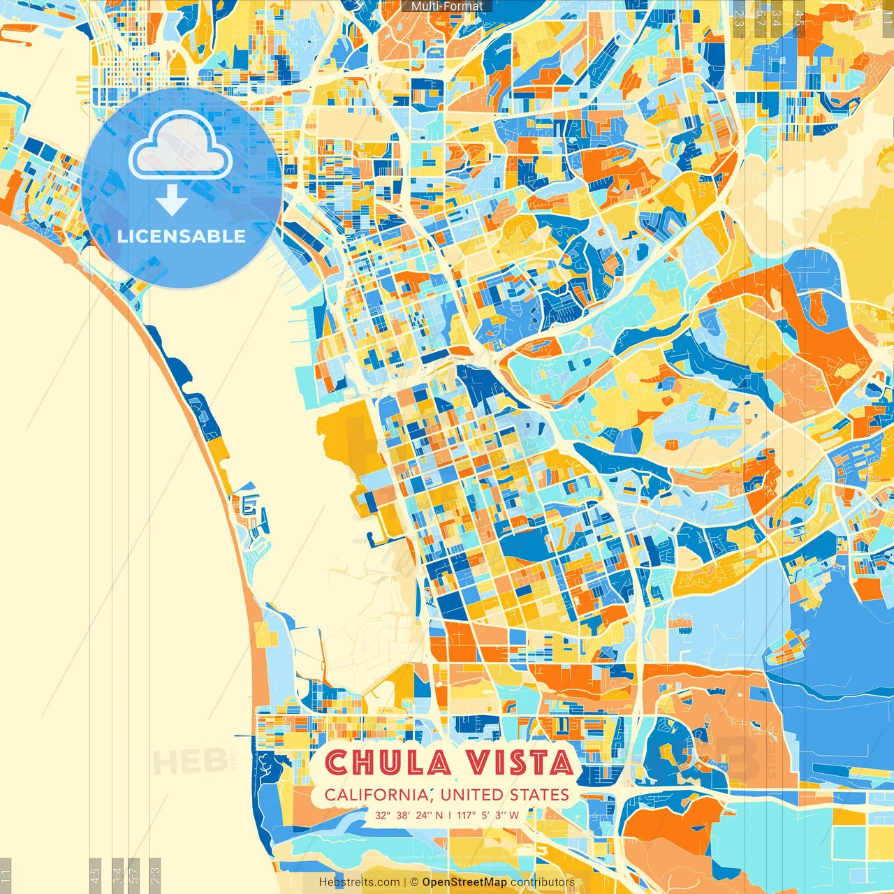 Chula Vista, California, United States blue and orange vector art map template