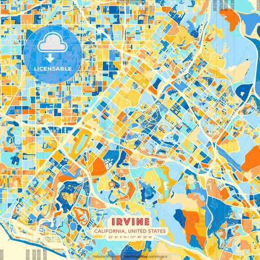 Irvine, California, United States blue and orange vector art map template