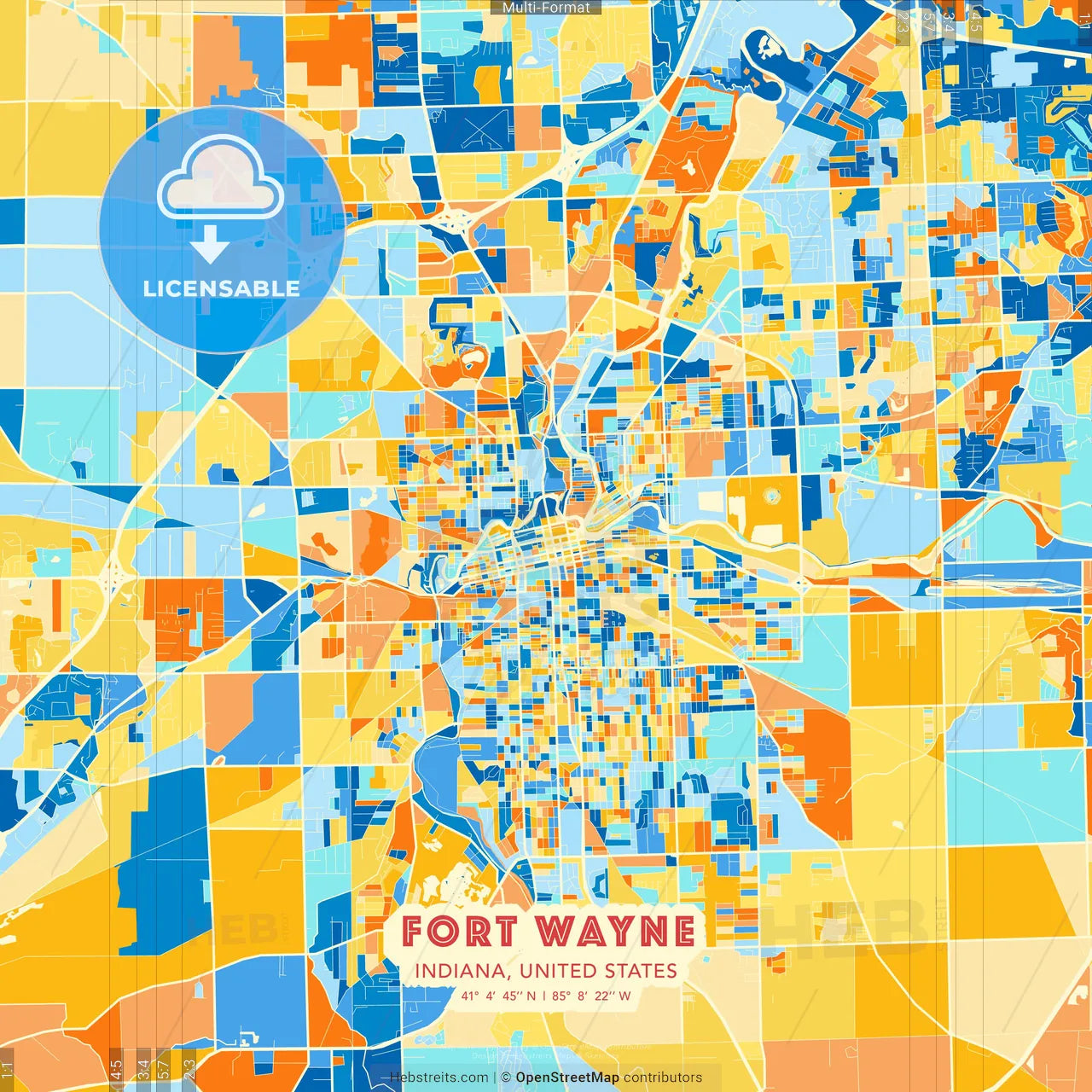 Fort Wayne, Indiana, United States blue and orange vector art map template