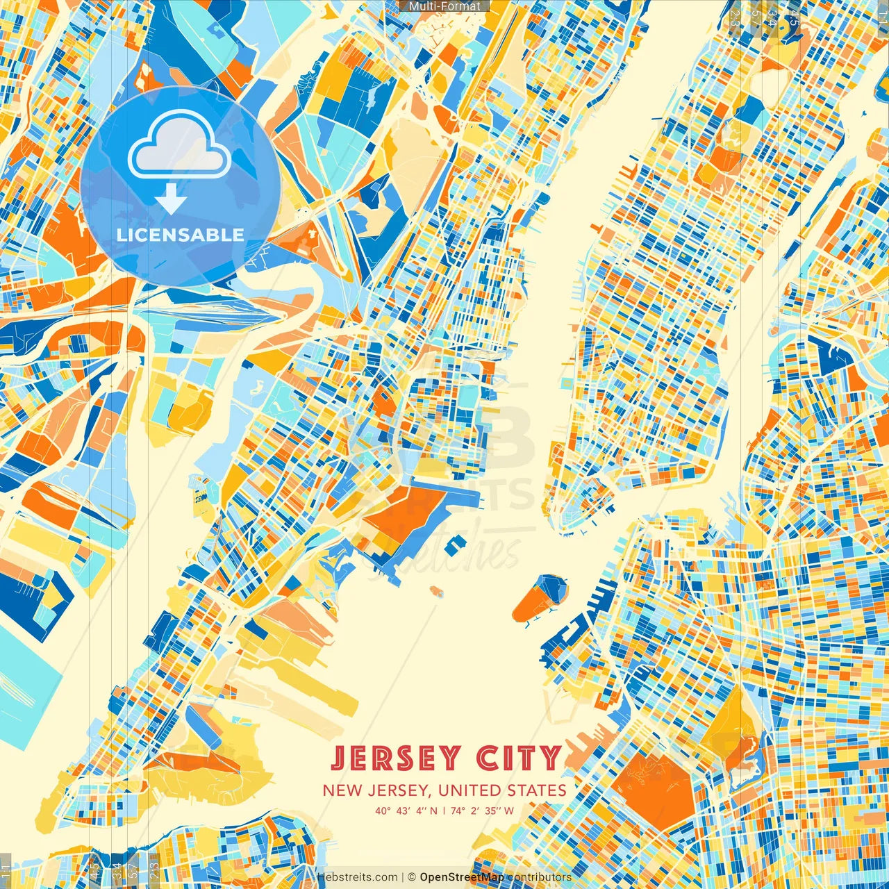 Jersey City, New Jersey, United States blue and orange vector art map template