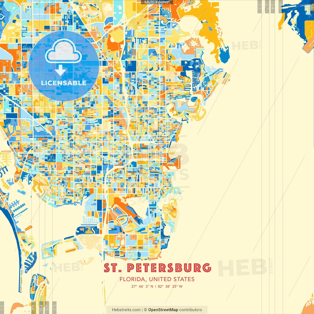 St. Petersburg, Florida, United States blue and orange vector art map template