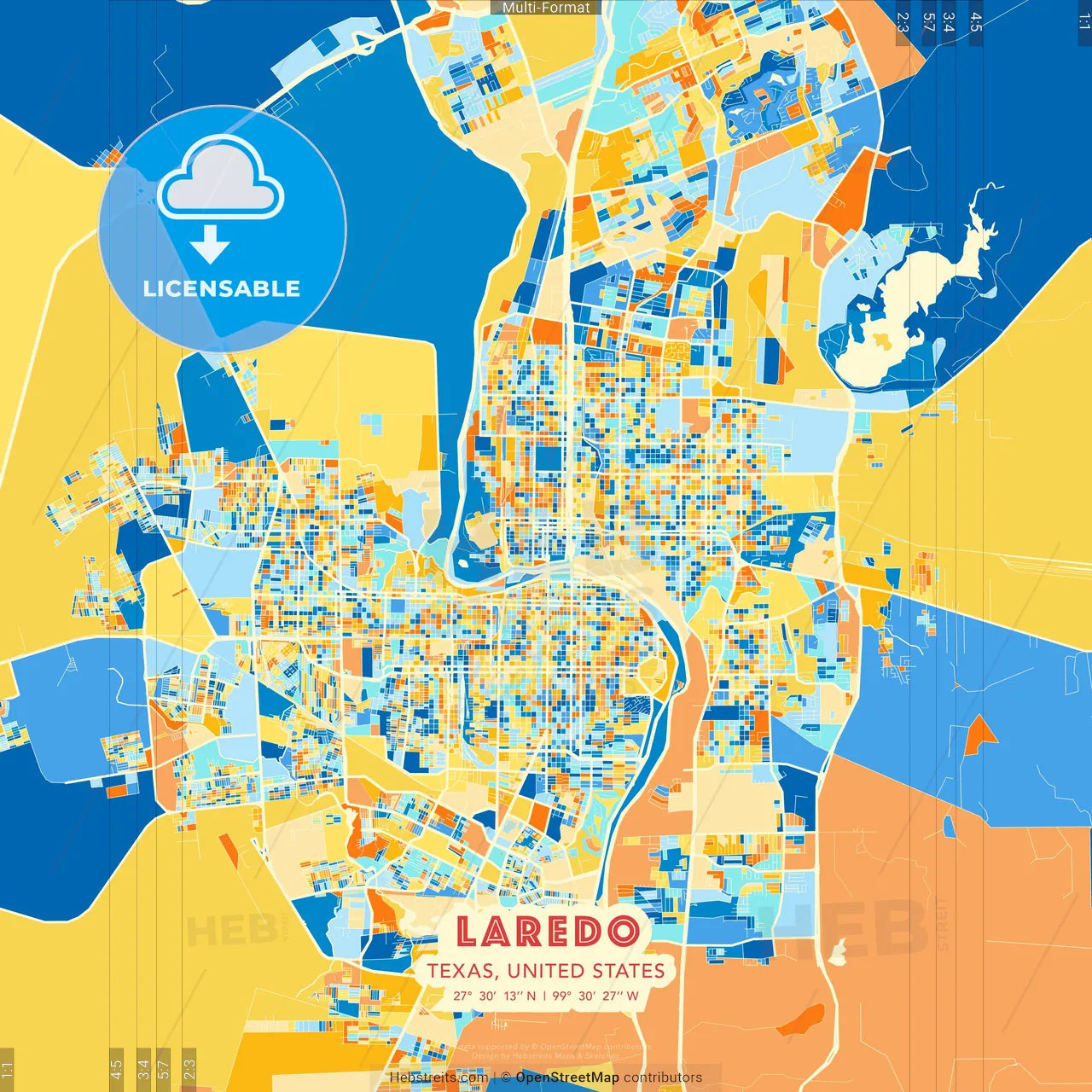 Laredo, Texas, United States blue and orange vector art map template