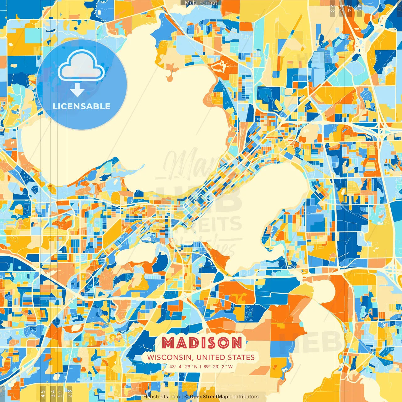 Madison, Wisconsin, United States blue and orange vector art map template