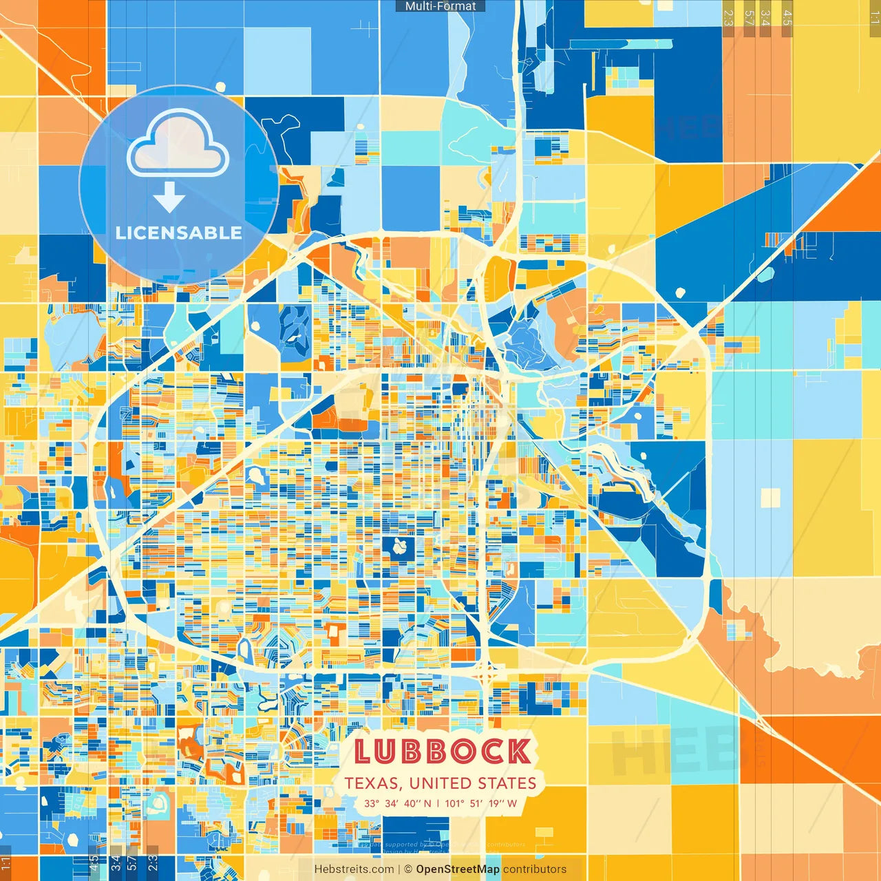 Lubbock, Texas, United States blue and orange vector art map template