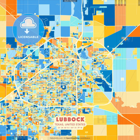 Lubbock, Texas, United States blue and orange vector art map template