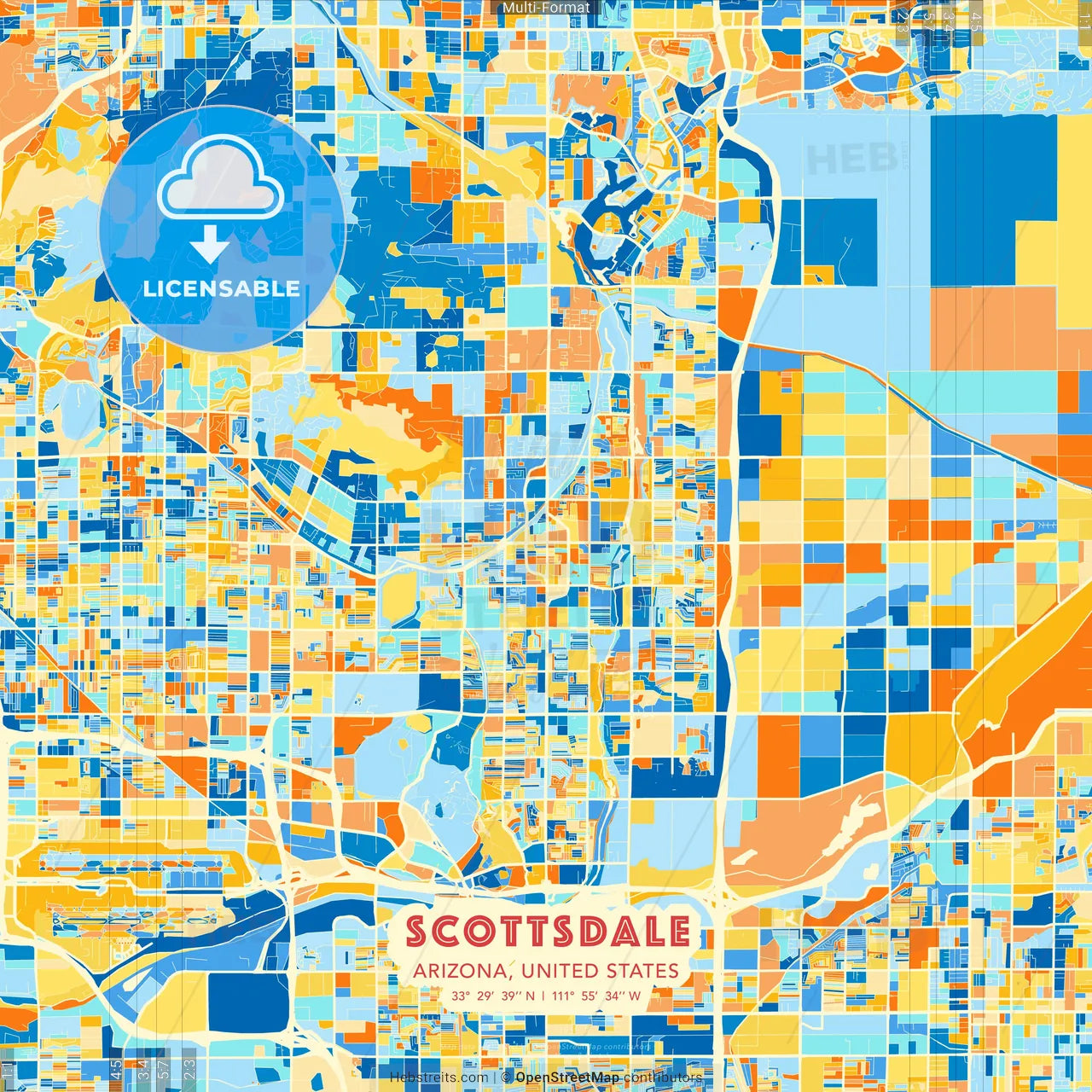 Scottsdale, Arizona, United States blue and orange vector art map template