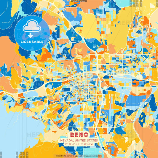 Reno, Nevada, United States blue and orange vector art map template