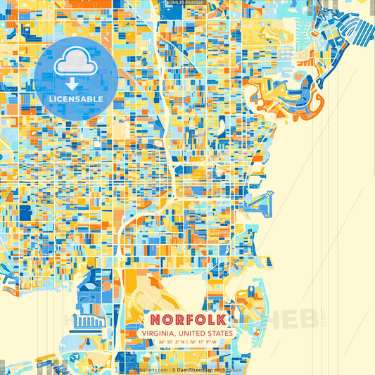 Norfolk, Virginia, United States blue and orange vector art map template