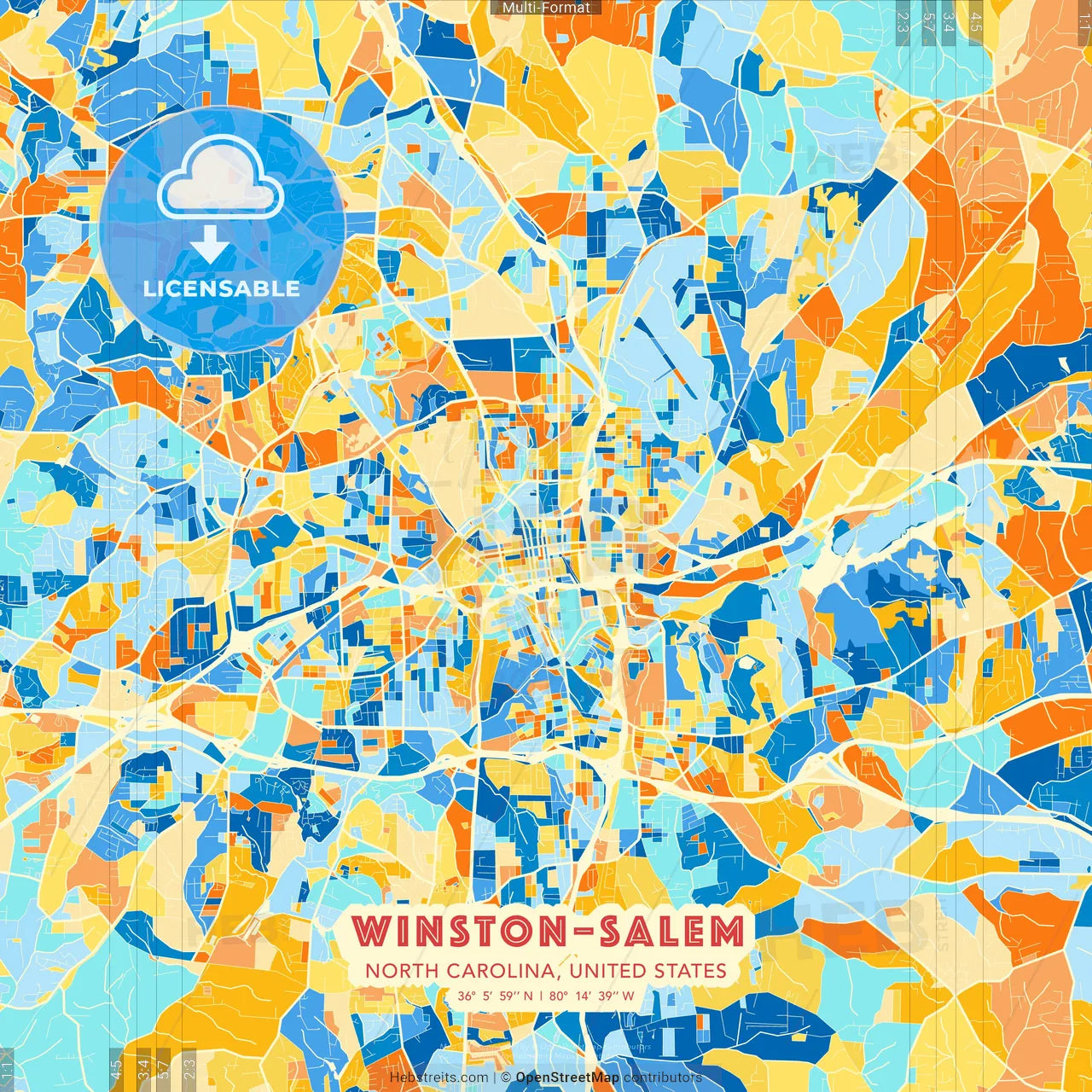 Winston–Salem, North Carolina, United States blue and orange vector art map template