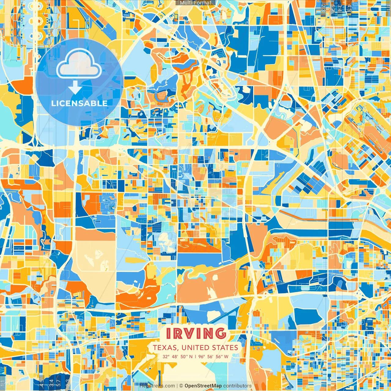 Irving, Texas, United States blue and orange vector art map template
