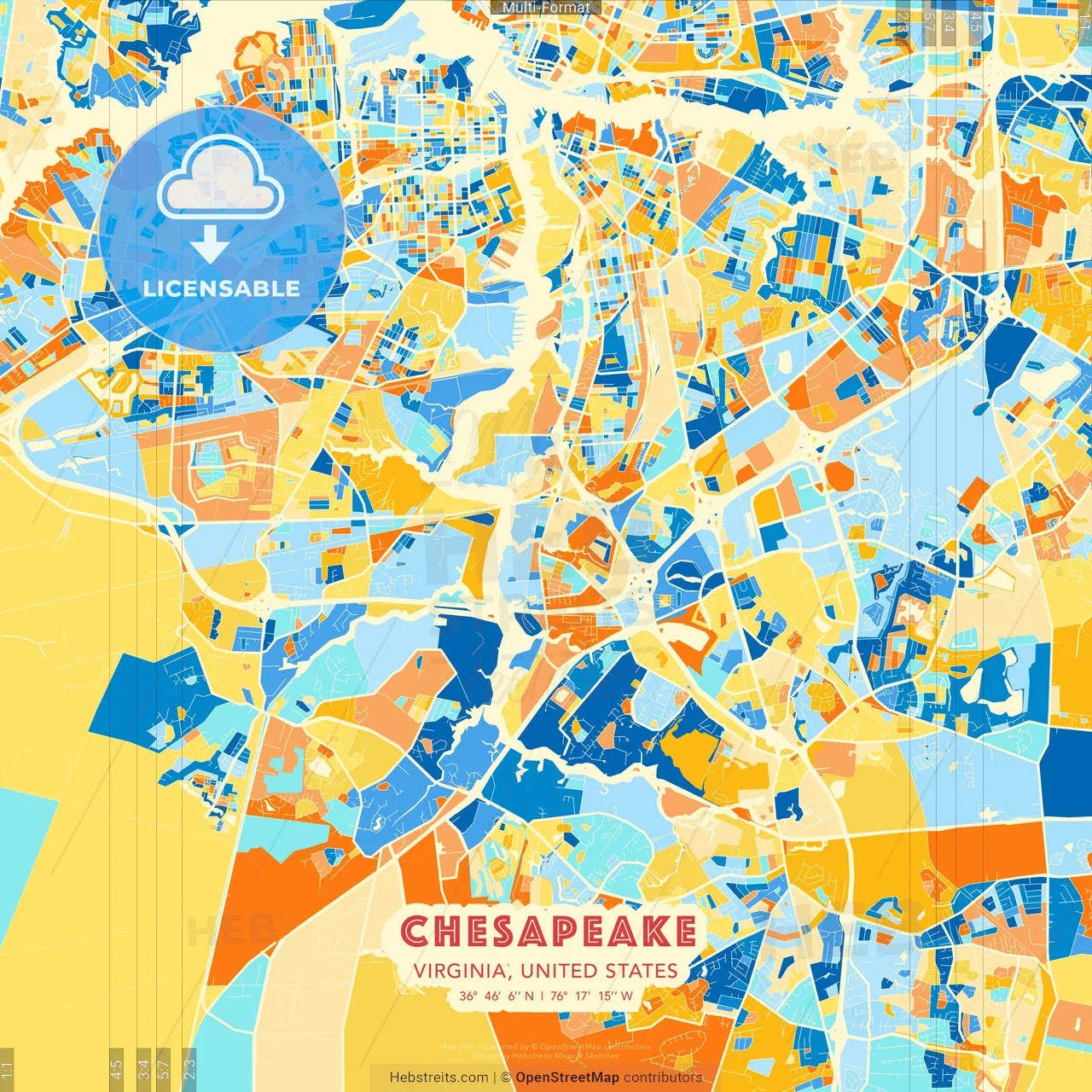 Chesapeake, Virginia, United States blue and orange vector art map template