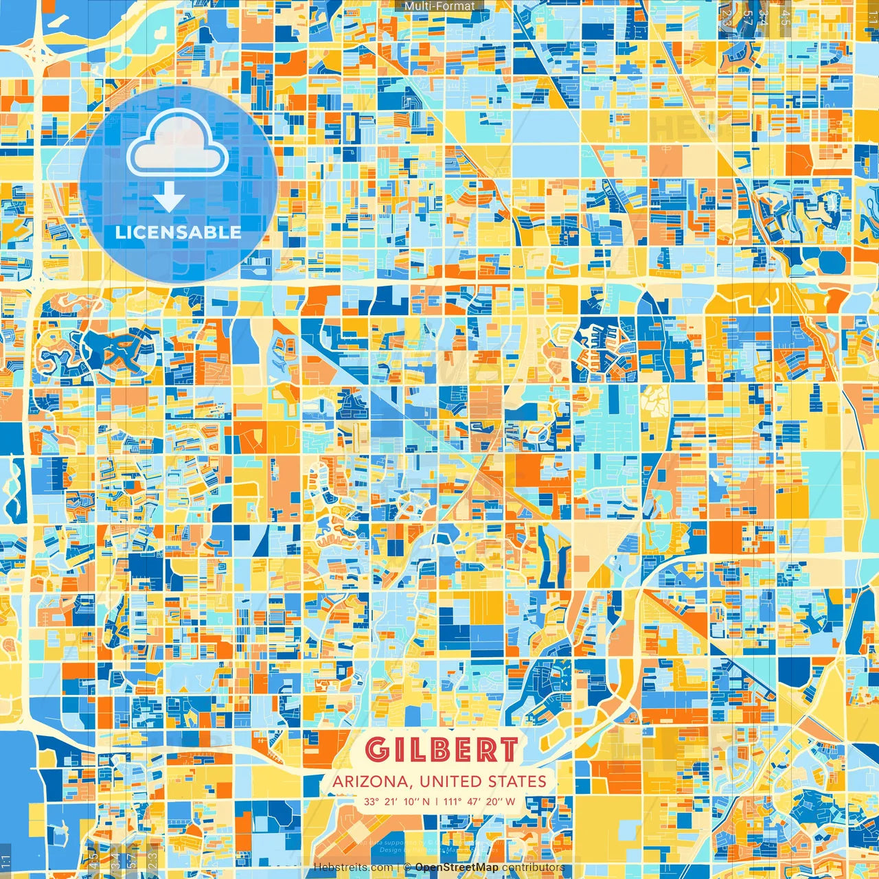 Gilbert, Arizona, United States blue and orange vector art map template