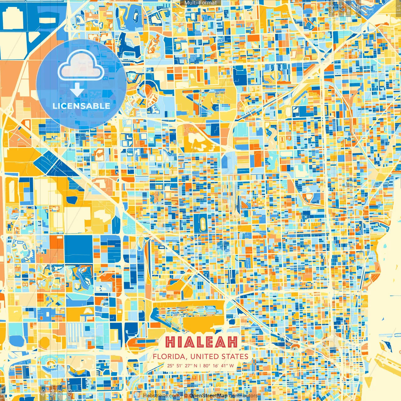 Hialeah, Florida, United States blue and orange vector art map template