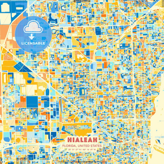 Hialeah, Florida, United States blue and orange vector art map template