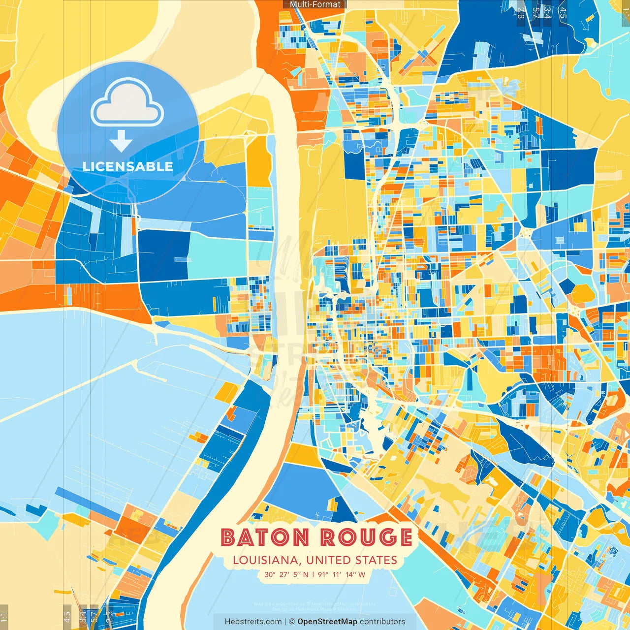 Baton Rouge, Louisiana, United States blue and orange vector art map template