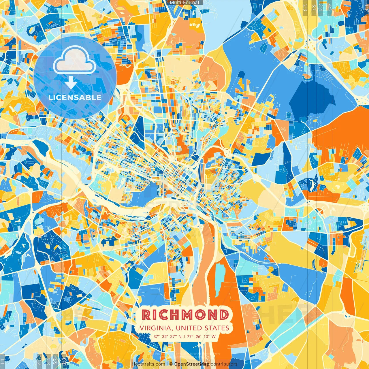 Richmond, Virginia, United States blue and orange vector art map template