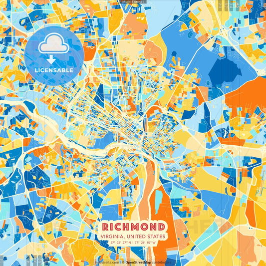Richmond, Virginia, United States blue and orange vector art map template