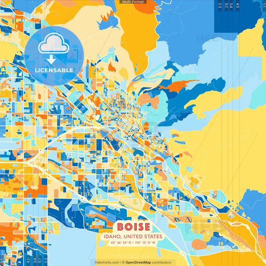 Boise, Idaho, United States blue and orange vector art map template