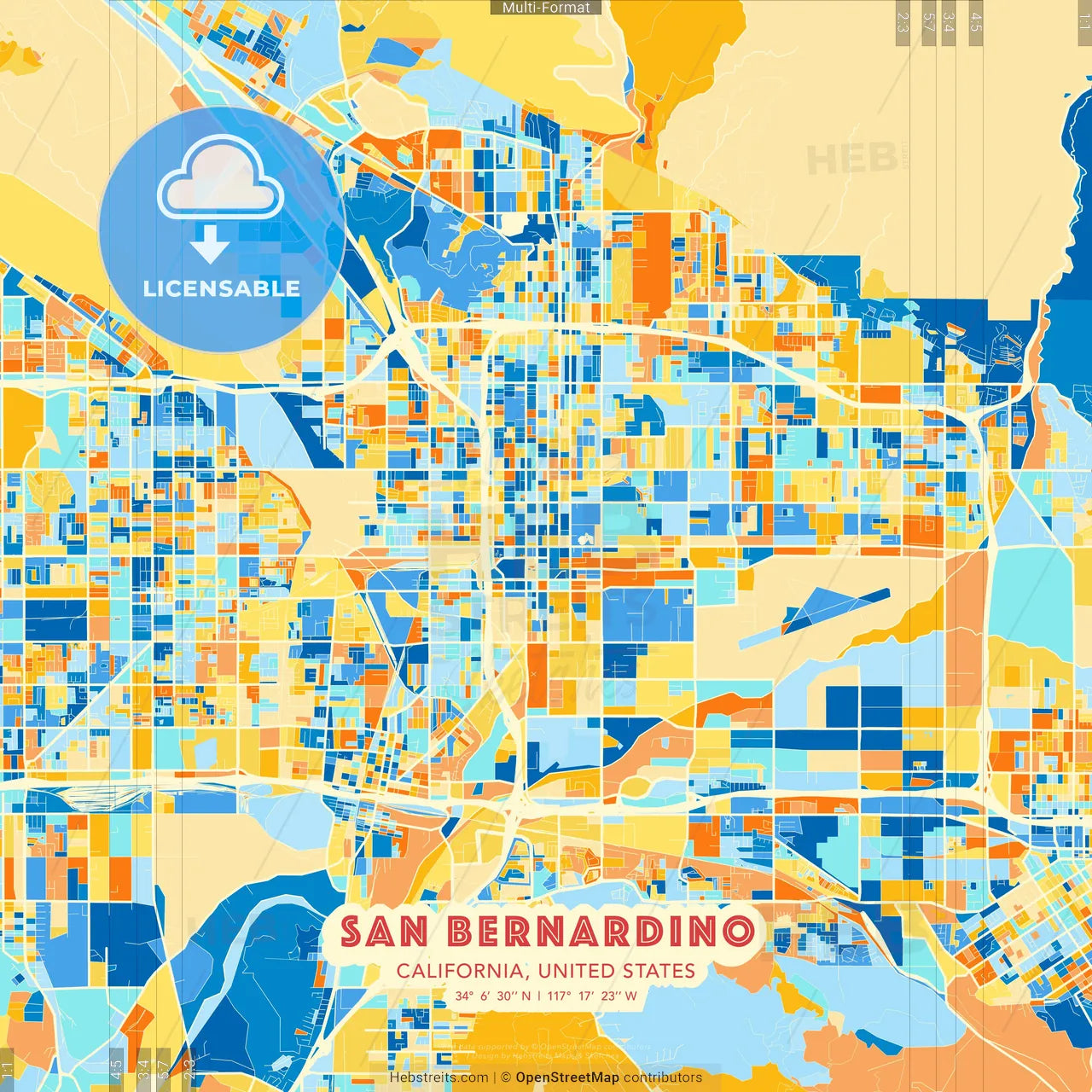 San Bernardino, California, United States blue and orange vector art map template