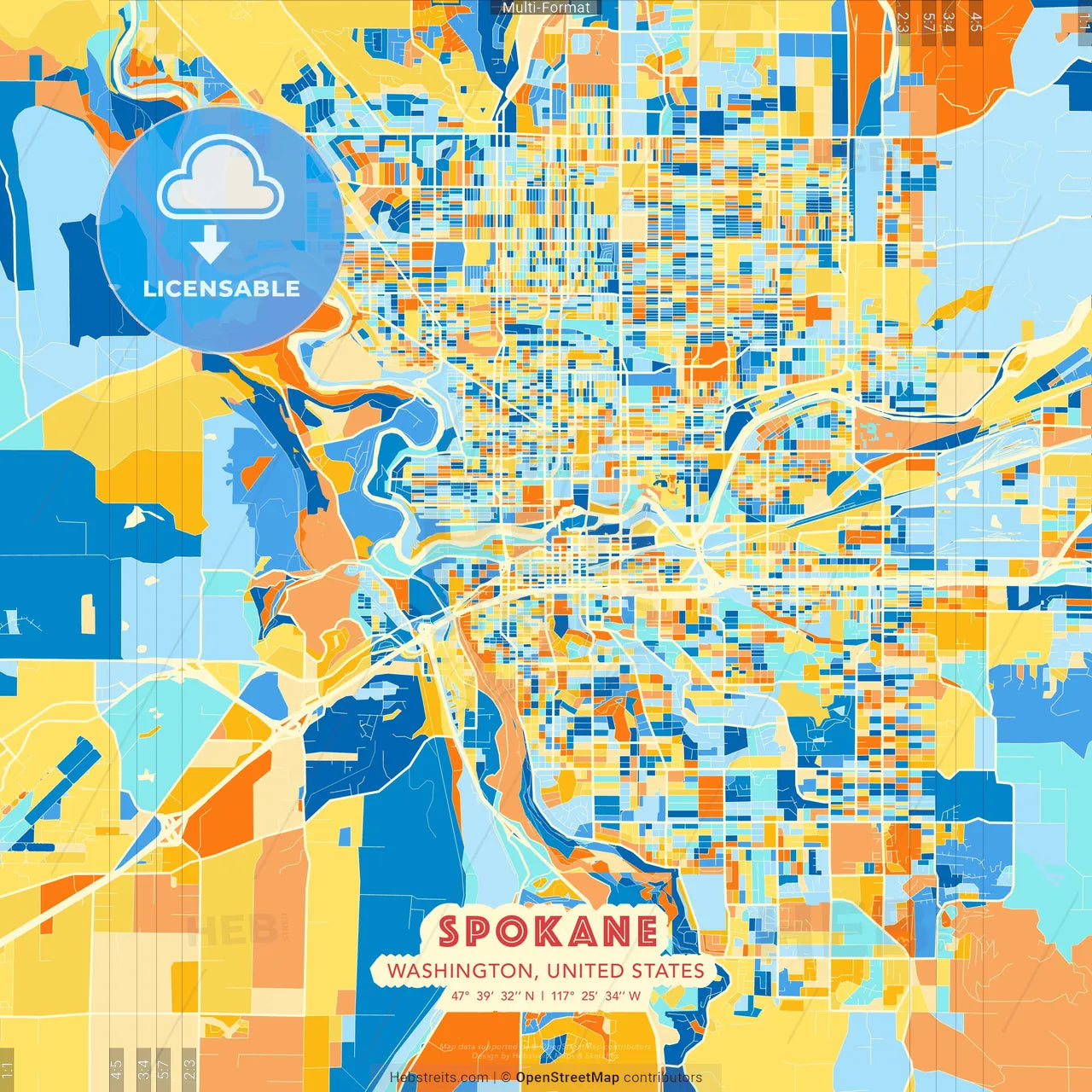 Spokane, Washington, United States blue and orange vector art map template