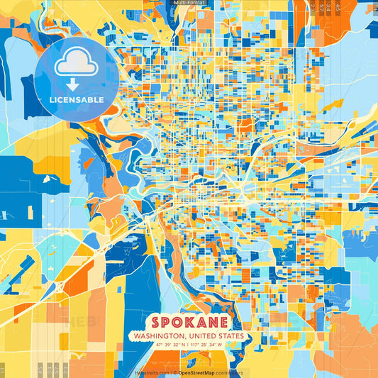Spokane, Washington, United States blue and orange vector art map template