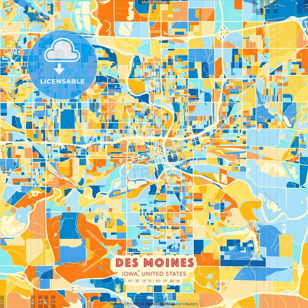 Des Moines, Iowa, United States blue and orange vector art map template
