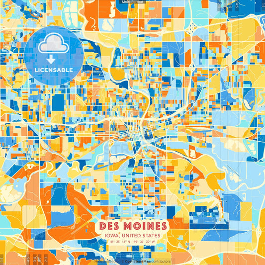 Des Moines, Iowa, United States blue and orange vector art map template