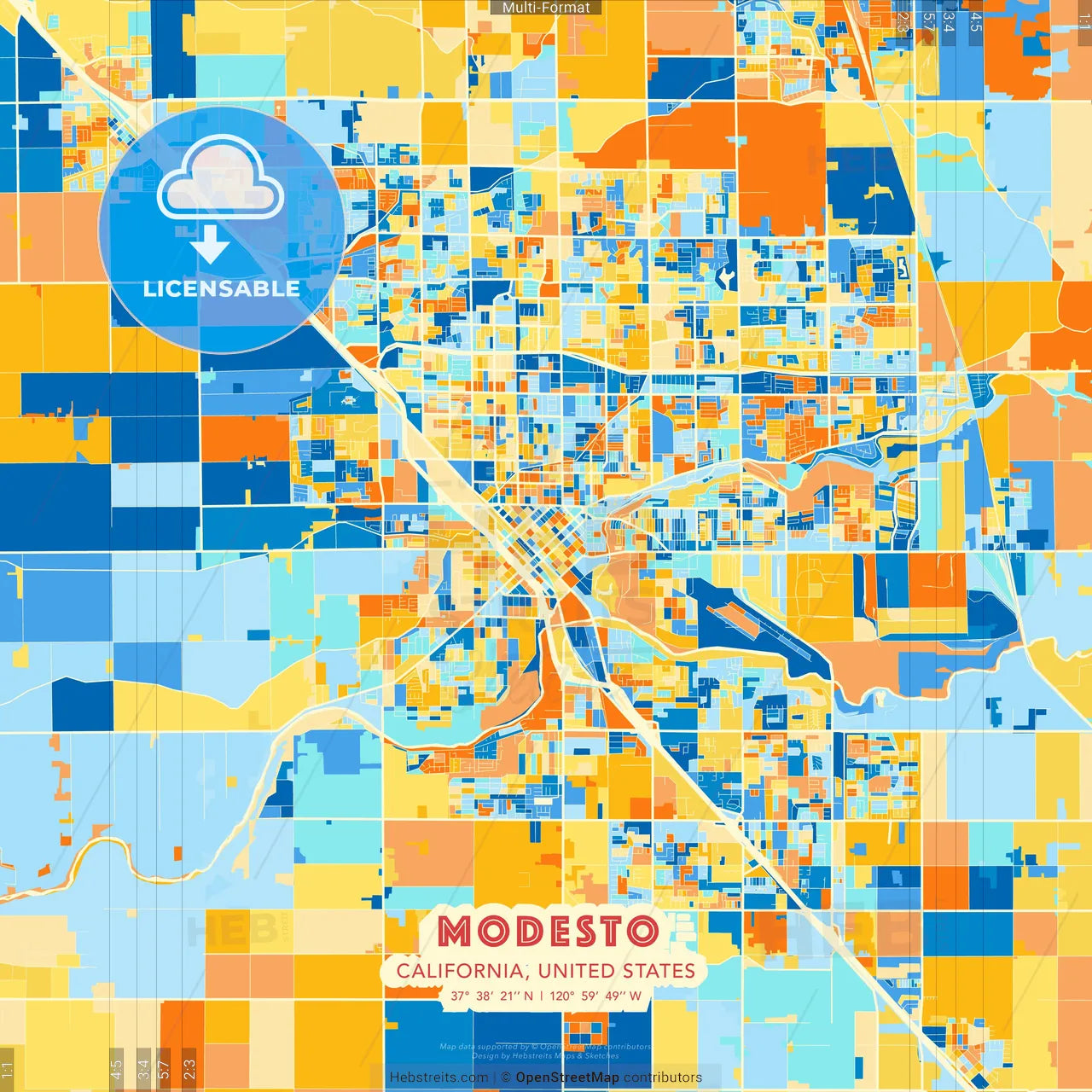Modesto, California, United States blue and orange vector art map template