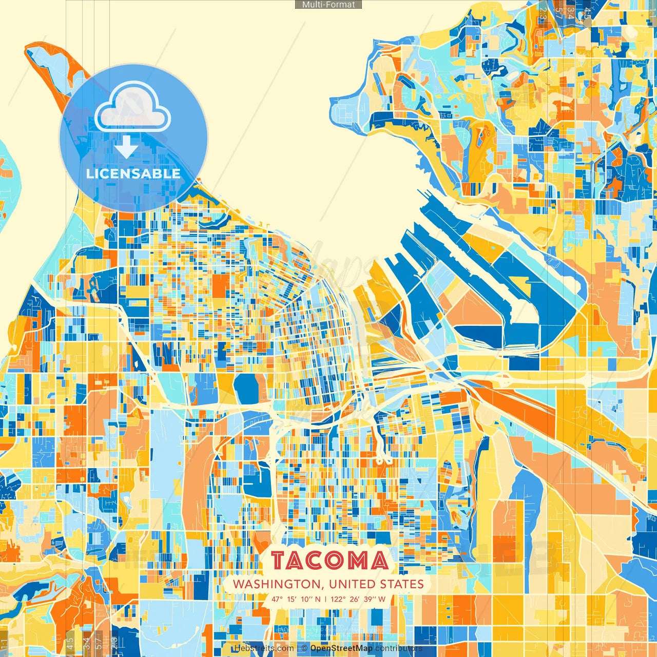 Tacoma, Washington, United States blue and orange vector art map template