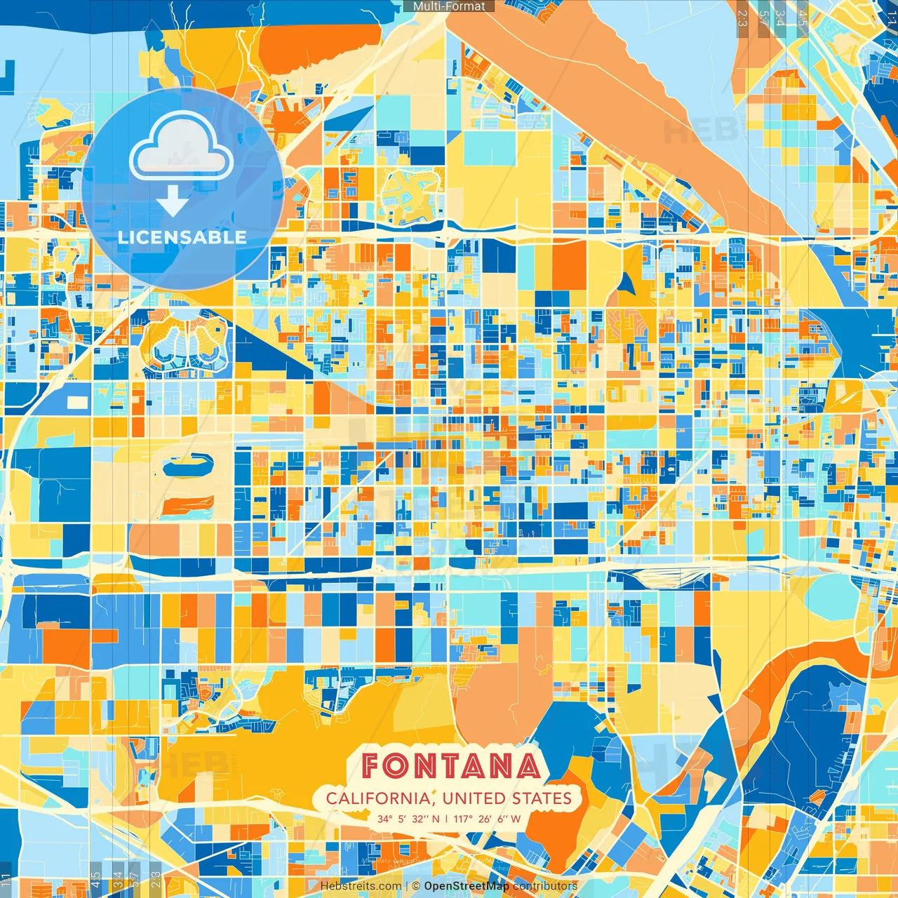 Fontana, California, United States blue and orange vector art map template