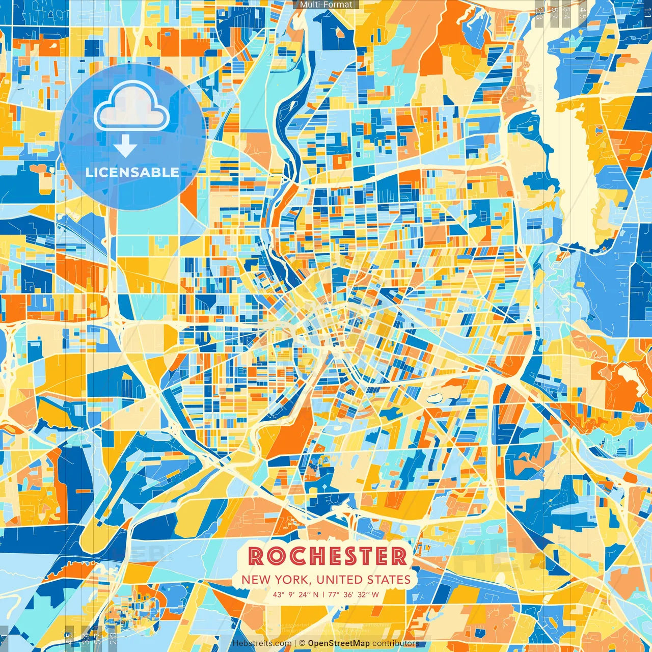 Rochester, New York, United States blue and orange vector art map template