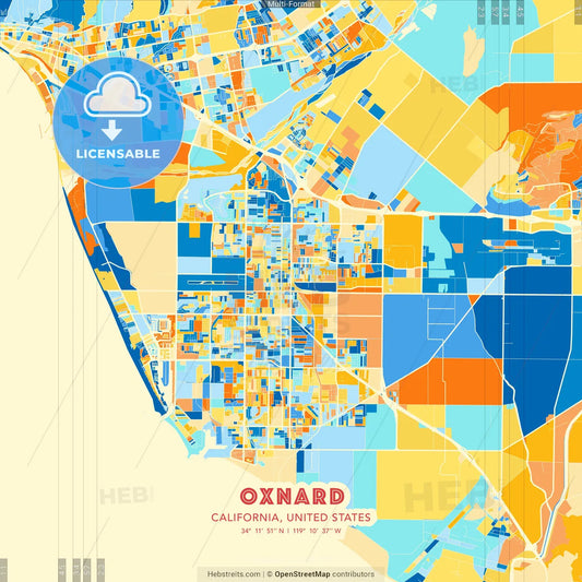 Oxnard, California, United States blue and orange vector art map template