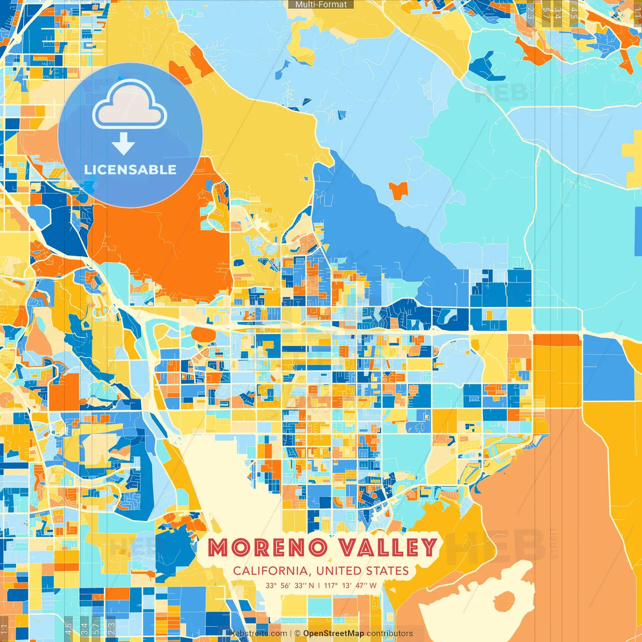 Moreno Valley, California, United States blue and orange vector art map template