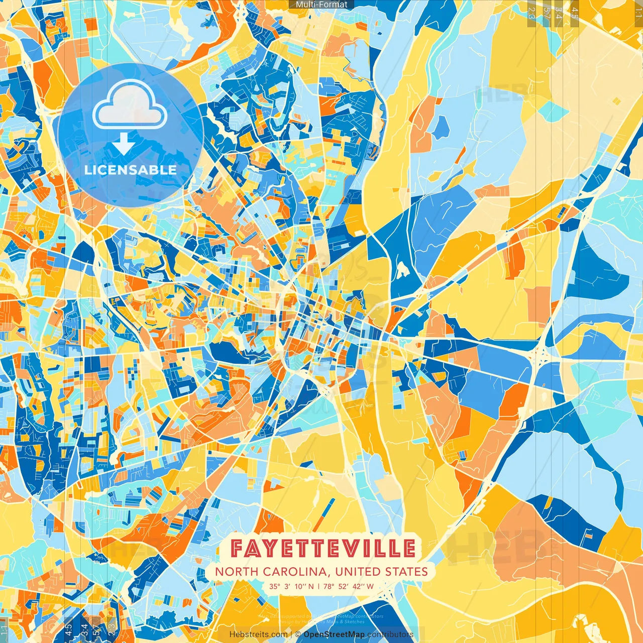 Fayetteville, North Carolina, United States blue and orange vector art map template