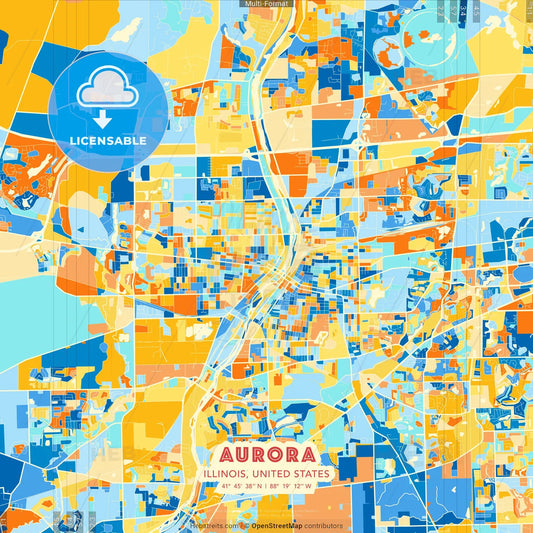 Aurora, Illinois, United States blue and orange vector art map template