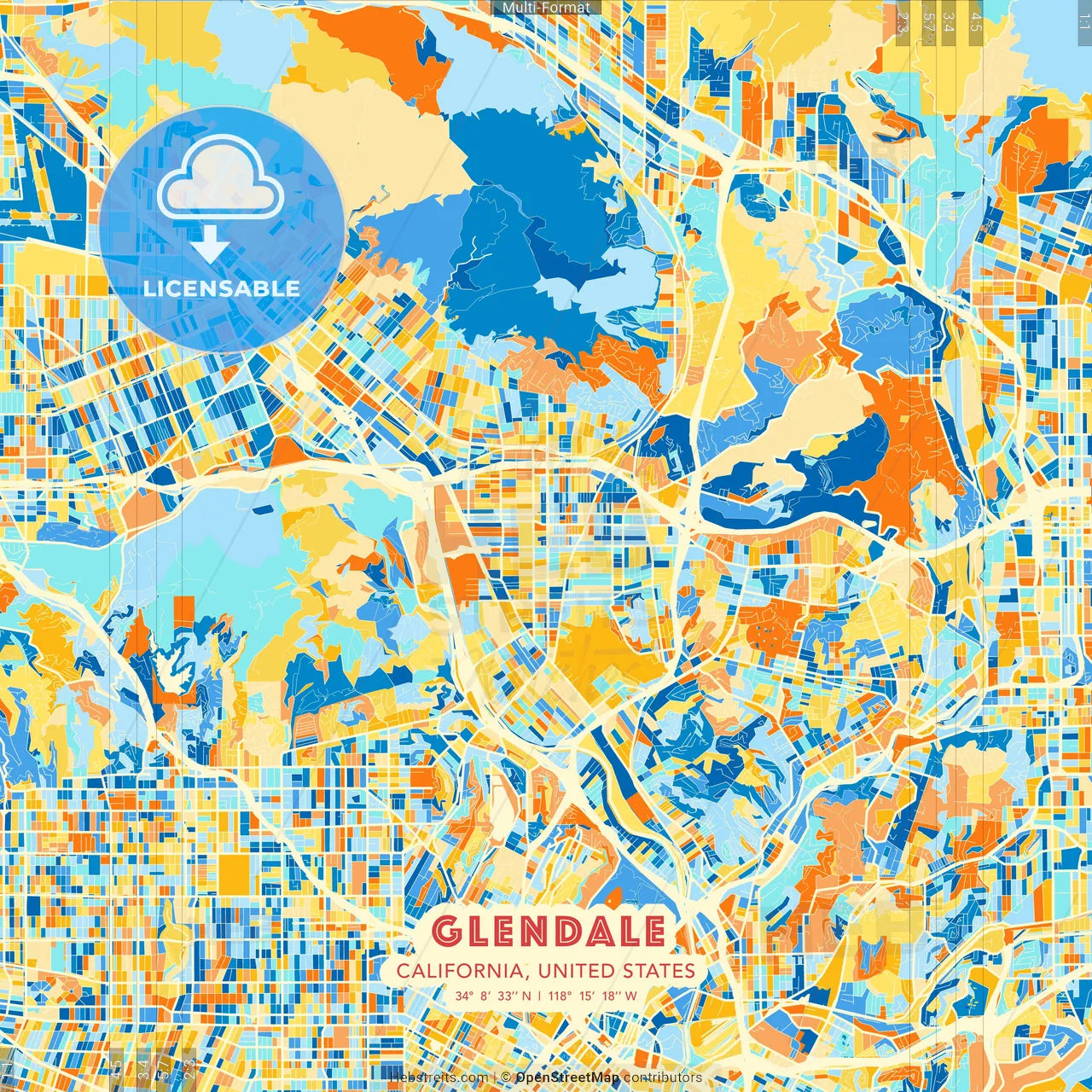 Glendale, California, United States blue and orange vector art map template