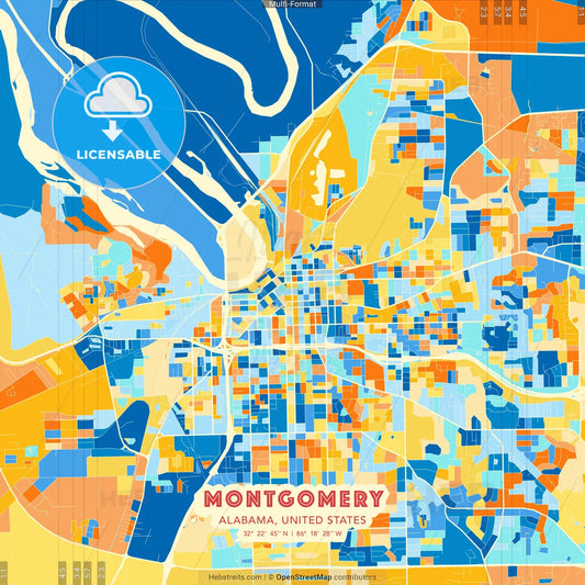 Montgomery, Alabama, United States blue and orange vector art map template