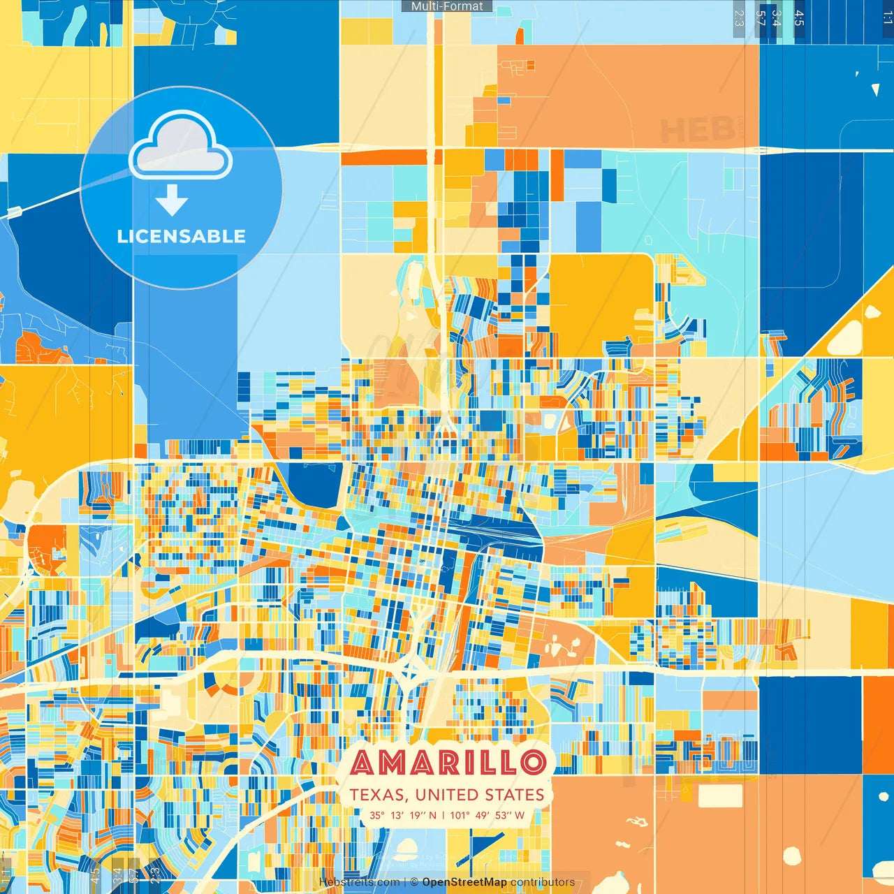Amarillo, Texas, United States blue and orange vector art map template