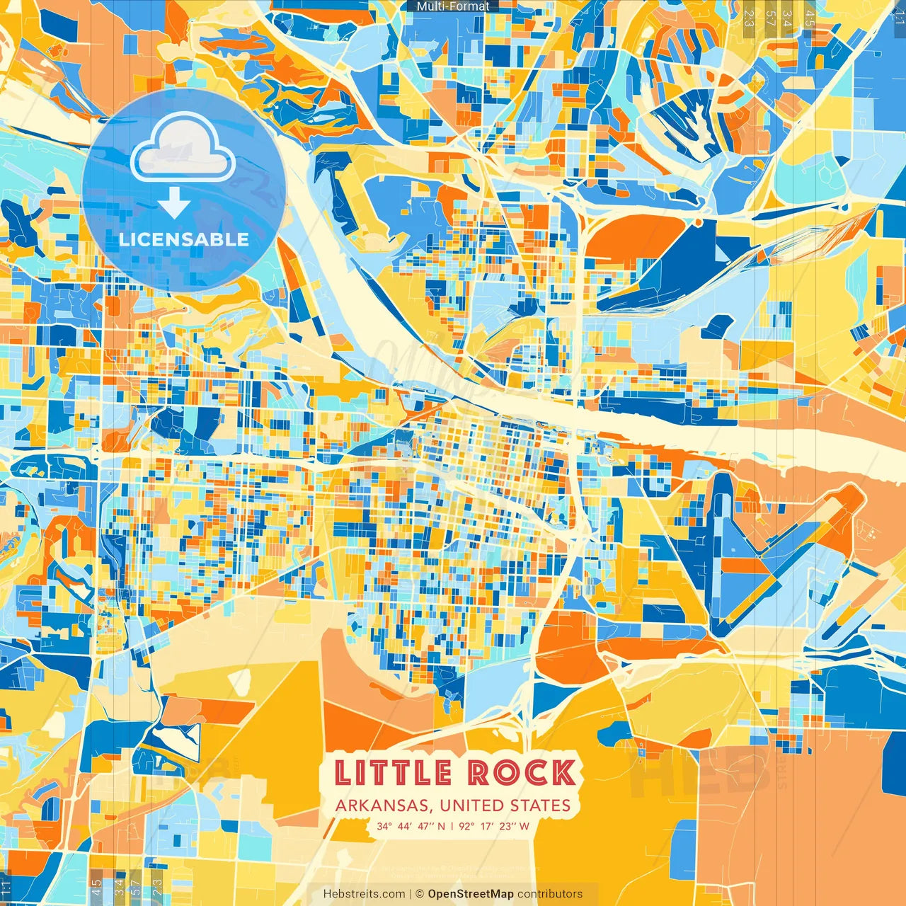 Little Rock, Arkansas, United States blue and orange vector art map template