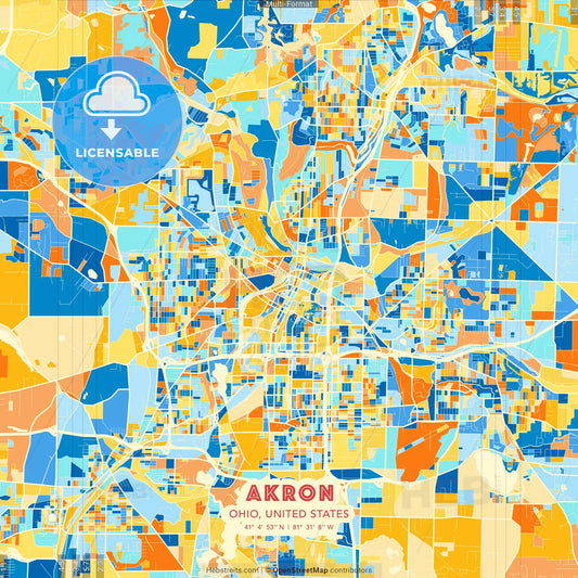 Akron, Ohio, United States blue and orange vector art map template