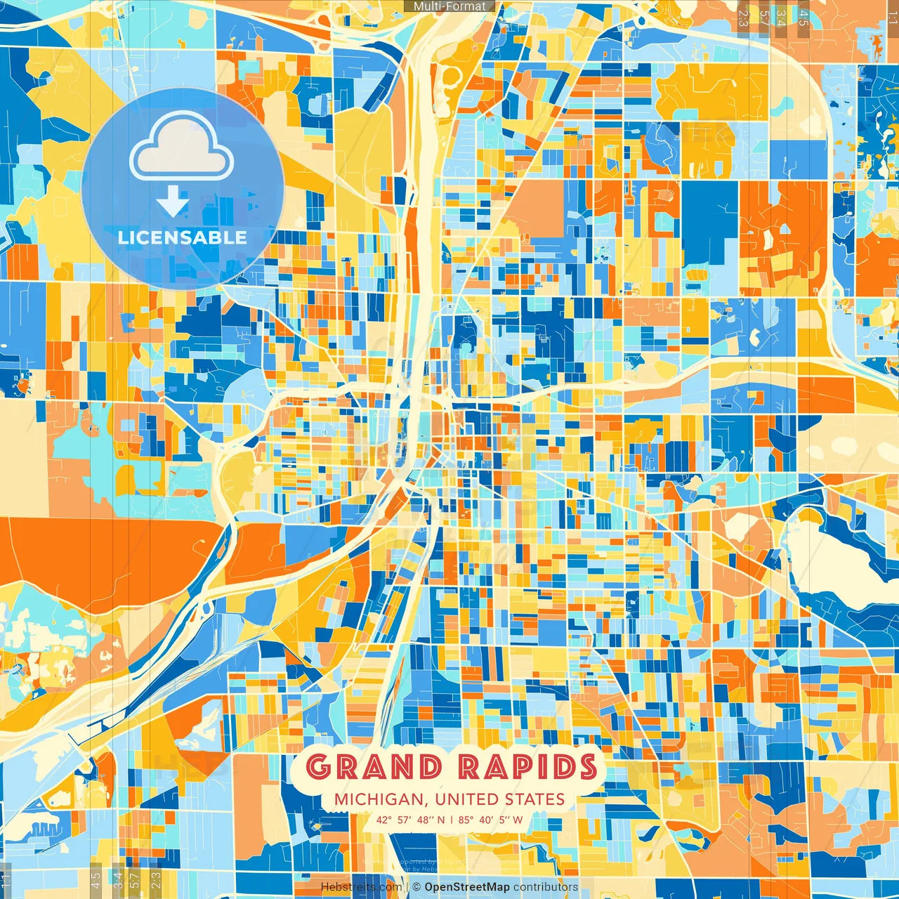 Grand Rapids, Michigan, United States blue and orange vector art map template