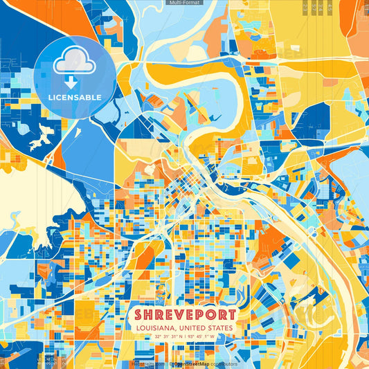 Shreveport, Louisiana, United States blue and orange vector art map template